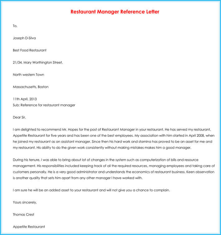 Reference Letter For Finance Manager