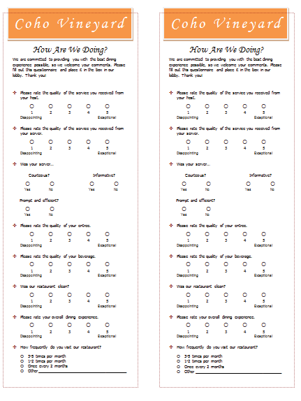 Restaurant Survey Sample Restaurant Survey Template 2 Per Page
