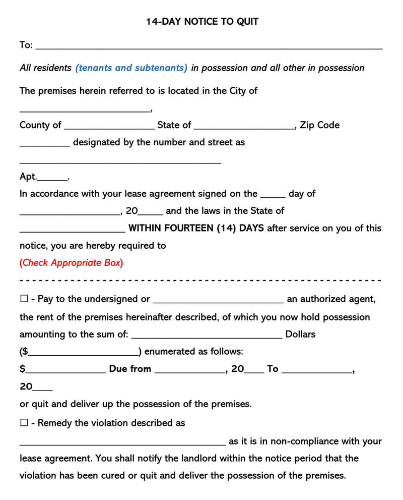 Editable 14 Day Eviction Notice Form for Word