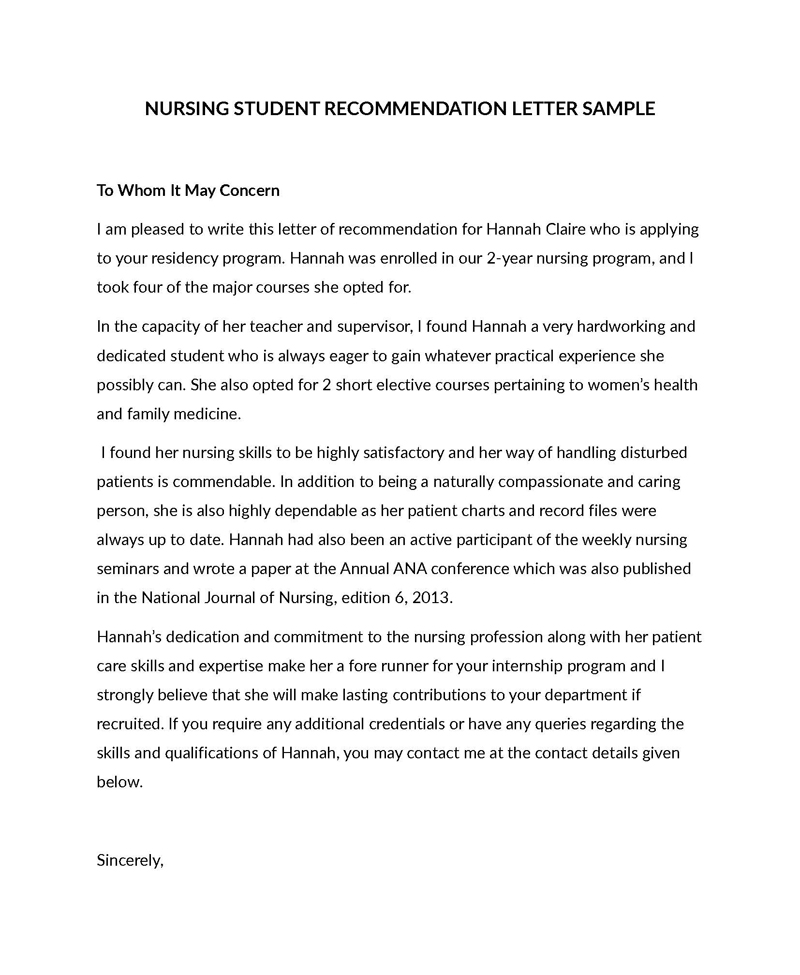 Reference Letter Example for Nursing