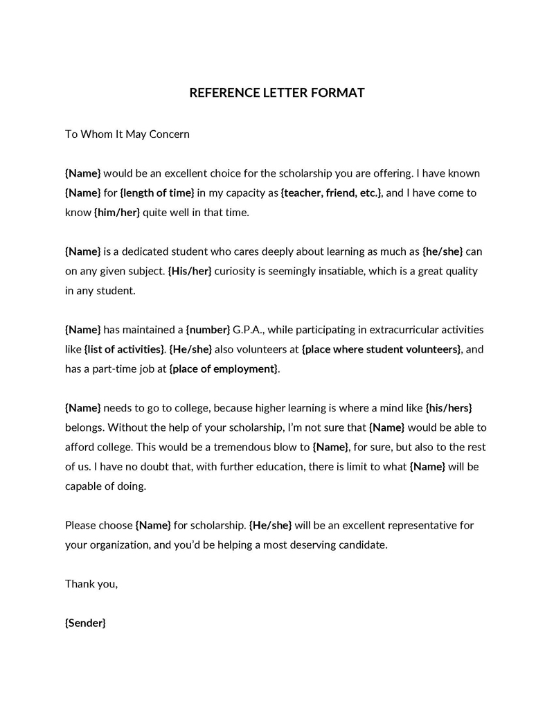 Scholarship Reference Letter Template