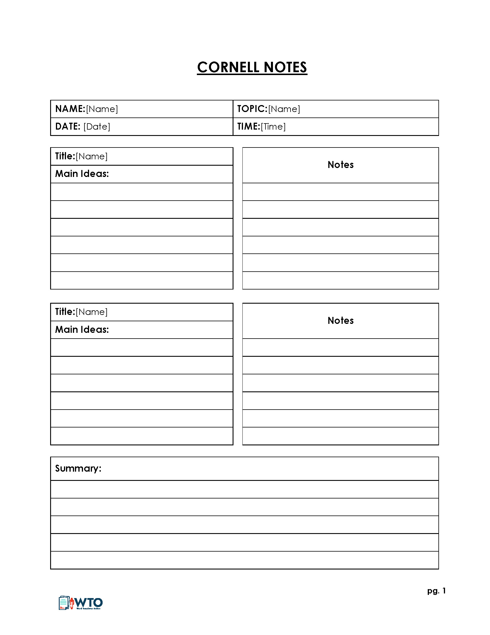 Printable Cornell Note Format Word Example