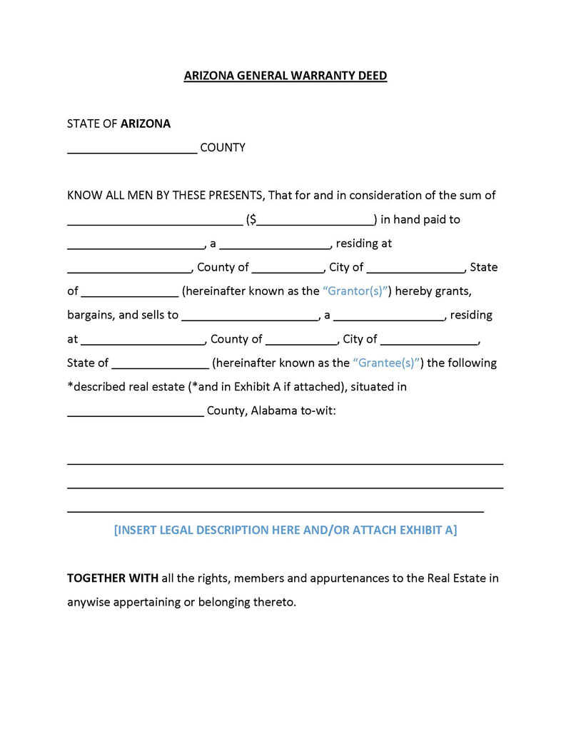 Free Editable Arizona General Warranty Deed Form as Word File
