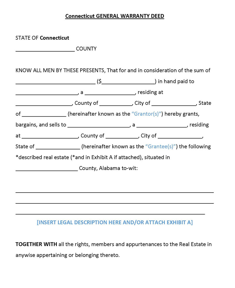 Free Printable Connecticut General Warranty Deed Form as Word Document