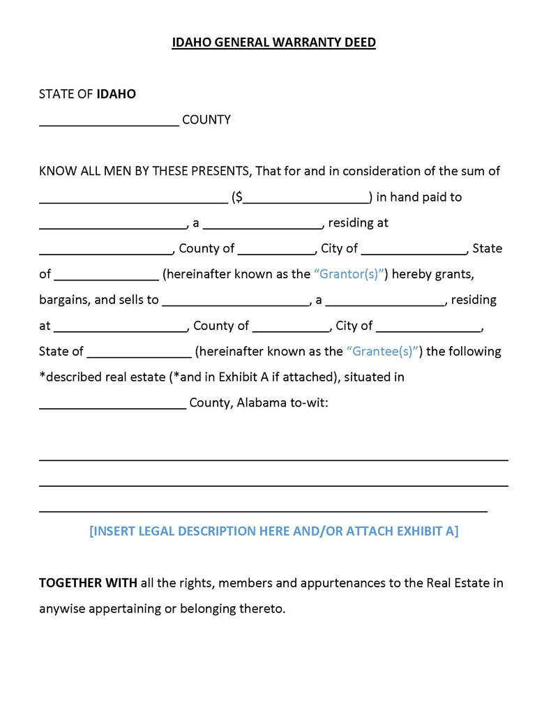 Free Printable Idaho General Warranty Deed Form as Word Document