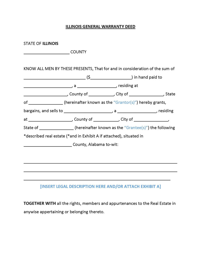 Free Printable Illinois General Warranty Deed Form as Word Document