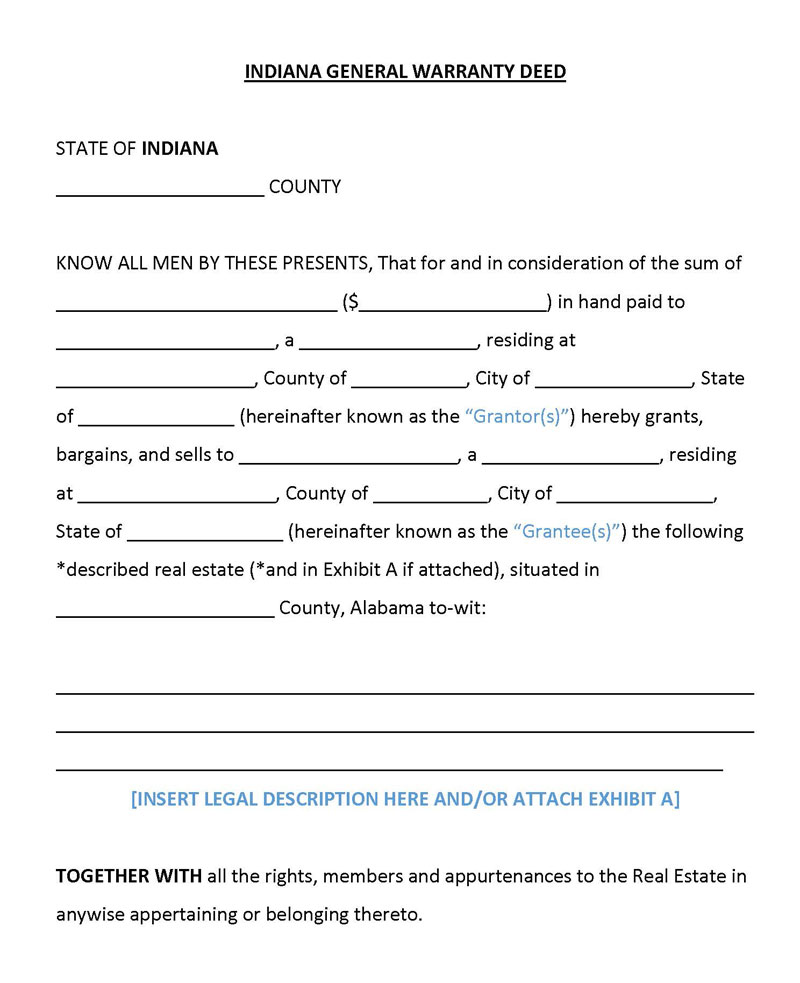 Free Printable Indiana General Warranty Deed Form as Word Document