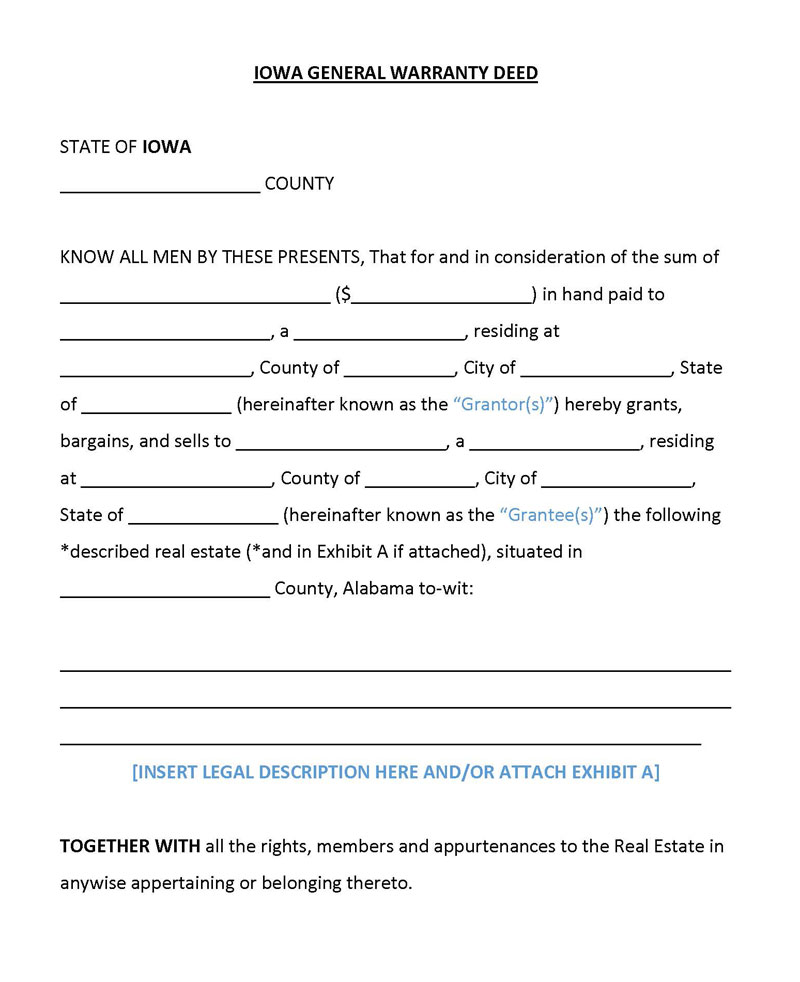 Free Printable Iowa General Warranty Deed Form as Word Document