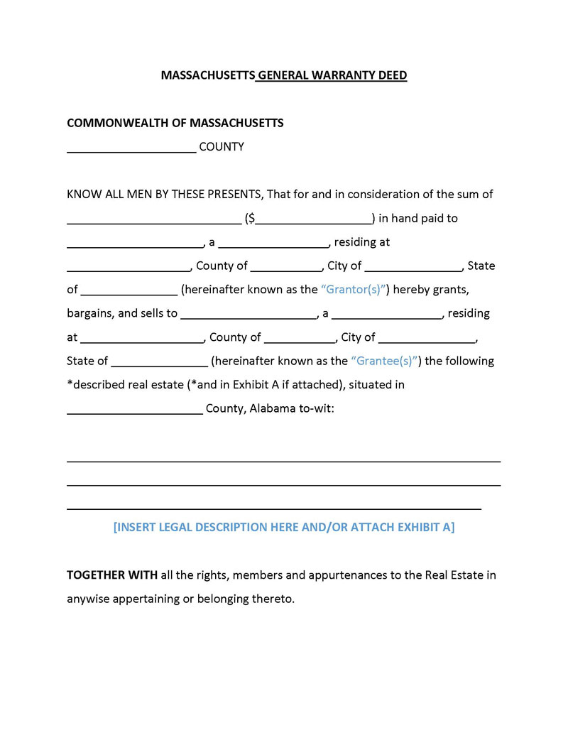 Free Editable Massachusetts General Warranty Deed Form as Word Document