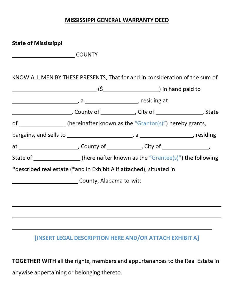Free Editable Mississippi General Warranty Deed Form as Word Document