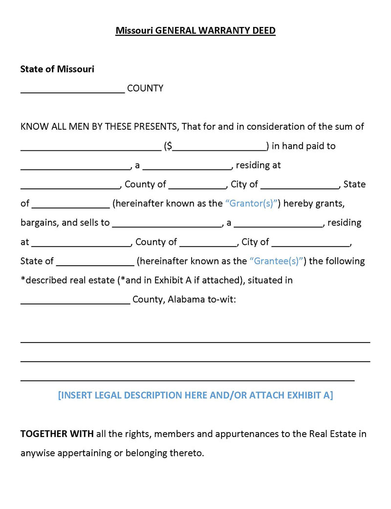 Free Downloadable Missouri General Warranty Deed Form as Word Document