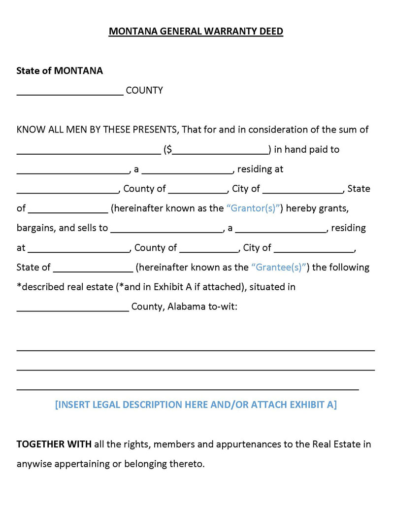 Free Downloadable Montana General Warranty Deed Form as Word Document