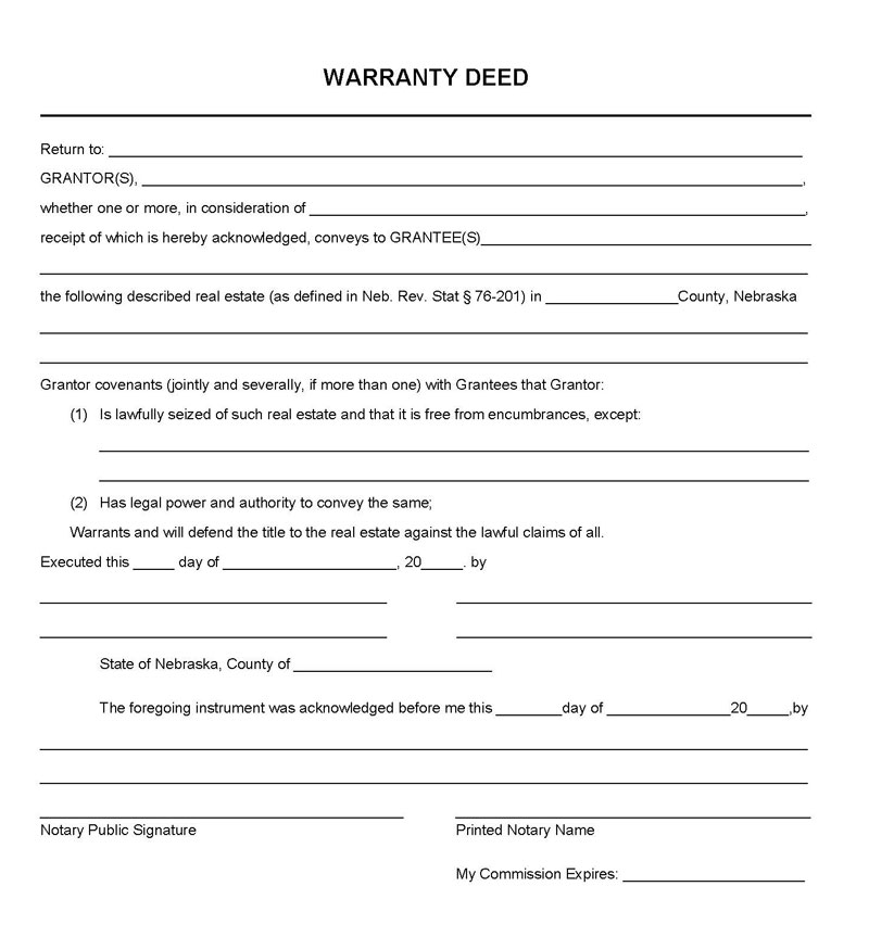 Free Printable Nebraska General Warranty Deed Form as Word Document
