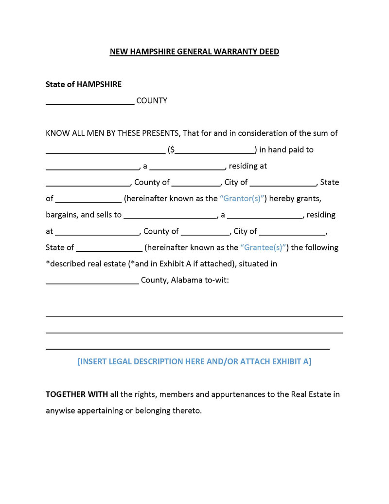 Free Printable New Hampshire General Warranty Deed Form as Word Document