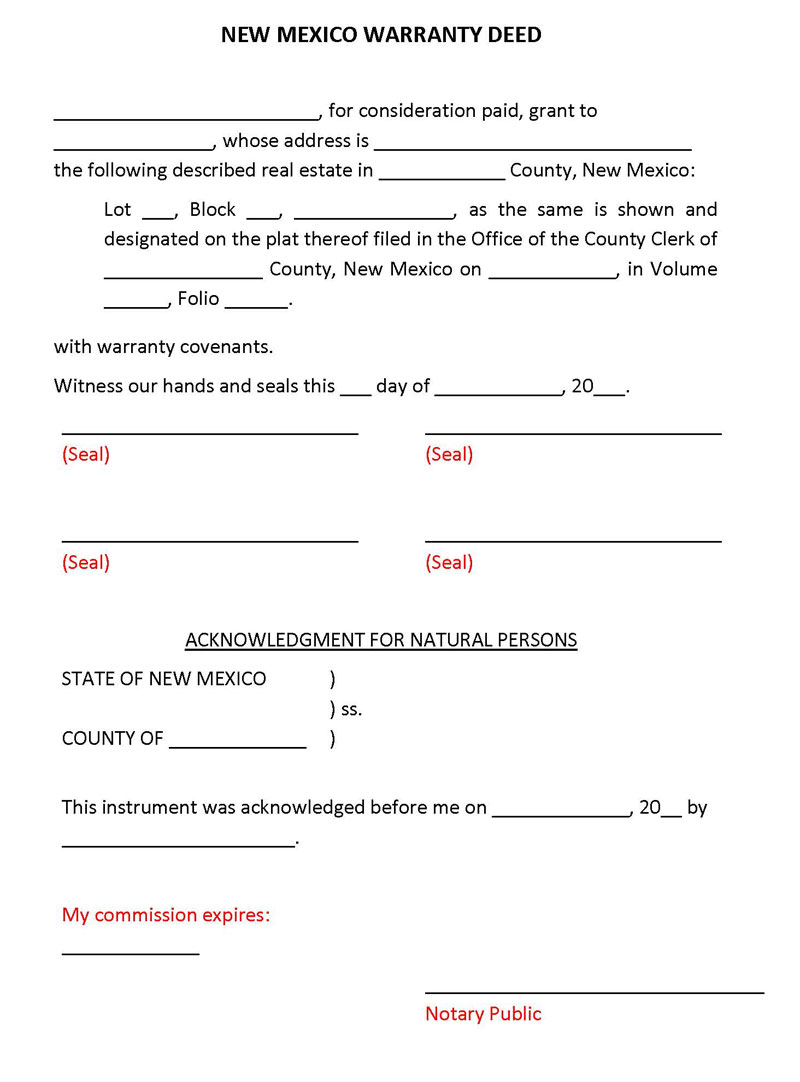 Free Printable New Mexico General Warranty Deed Form as Word Document