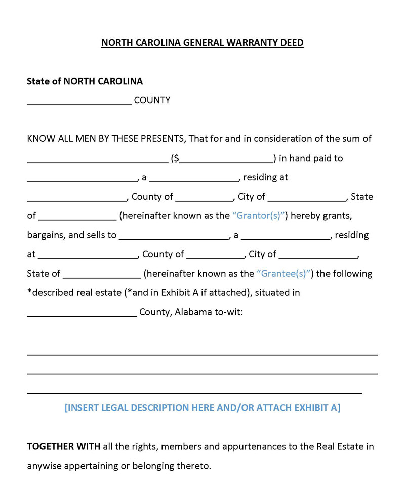 Free Printable North Carolina General Warranty Deed Form as Word Document