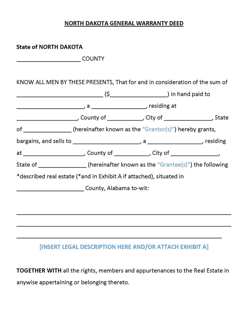 Free Printable North Dakota General Warranty Deed Form as Word Document
