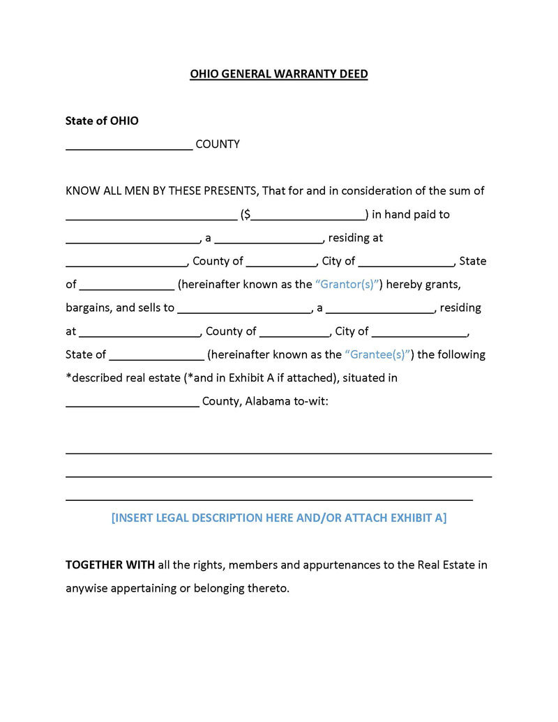 Free Printable Ohio General Warranty Deed Form as Word Document
