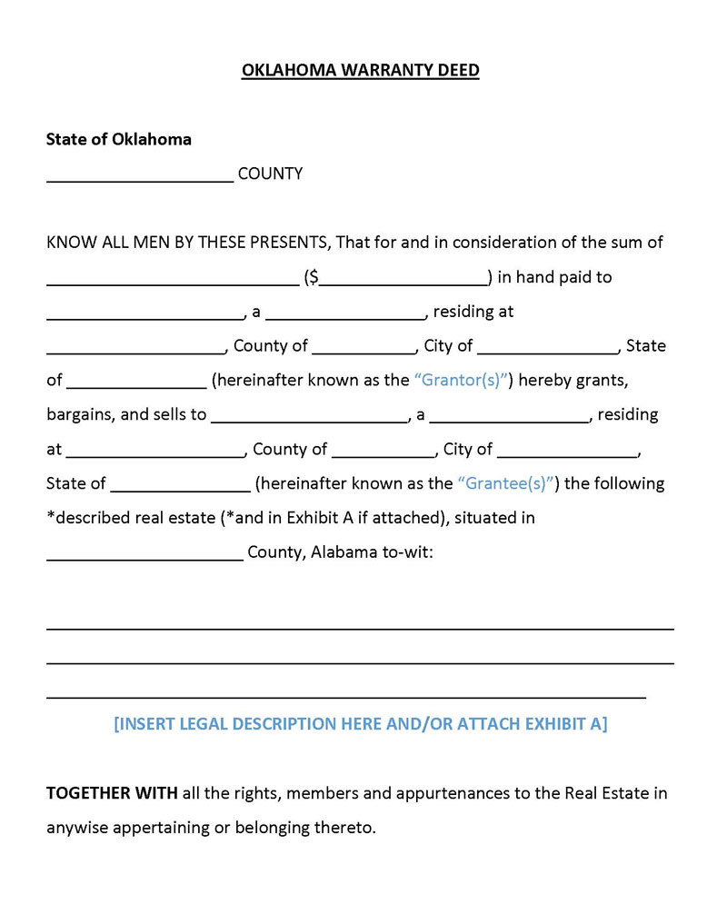 Free Printable Oklahoma General Warranty Deed Form as Word Document