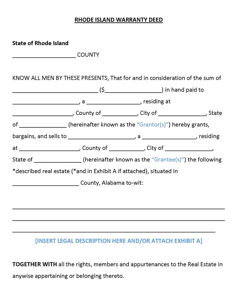 Best Editable Rhode Island General Warranty Deed Form as Word File