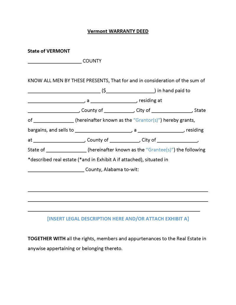 Best Printable Vermont General Warranty Deed Form as Word File