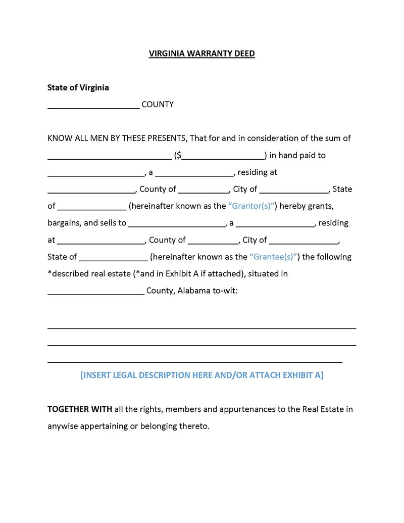 Free Printable Virginia General Warranty Deed Form as Word File