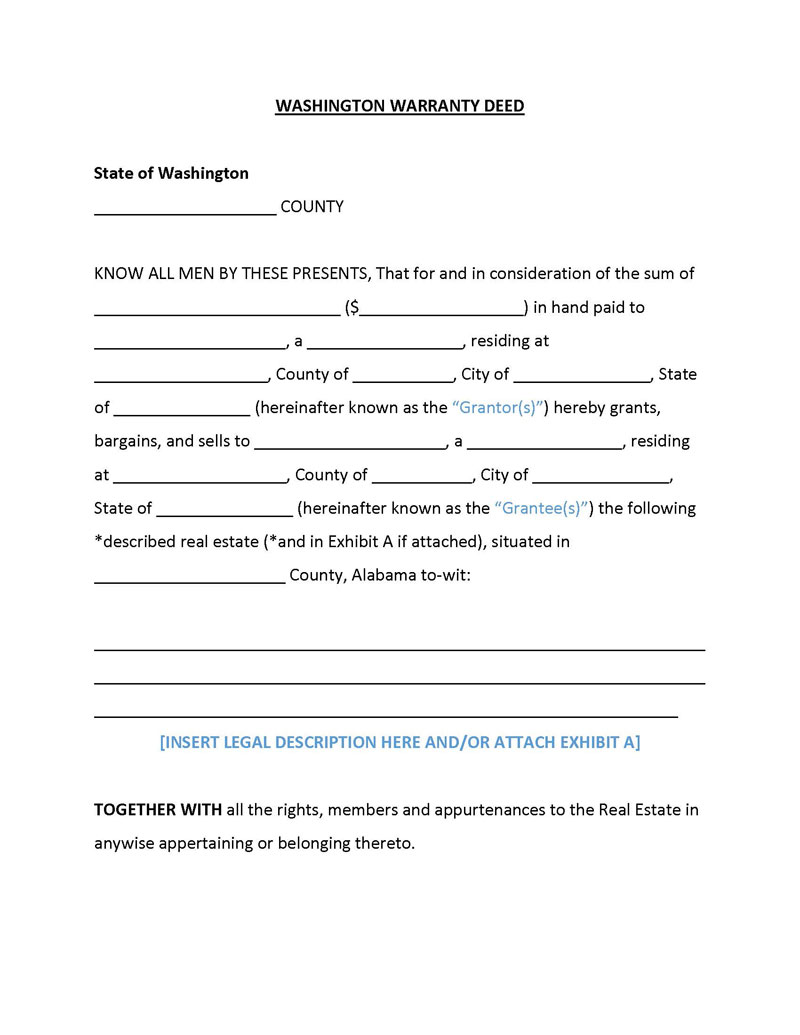 Free Printable Washington General Warranty Deed Form as Word File