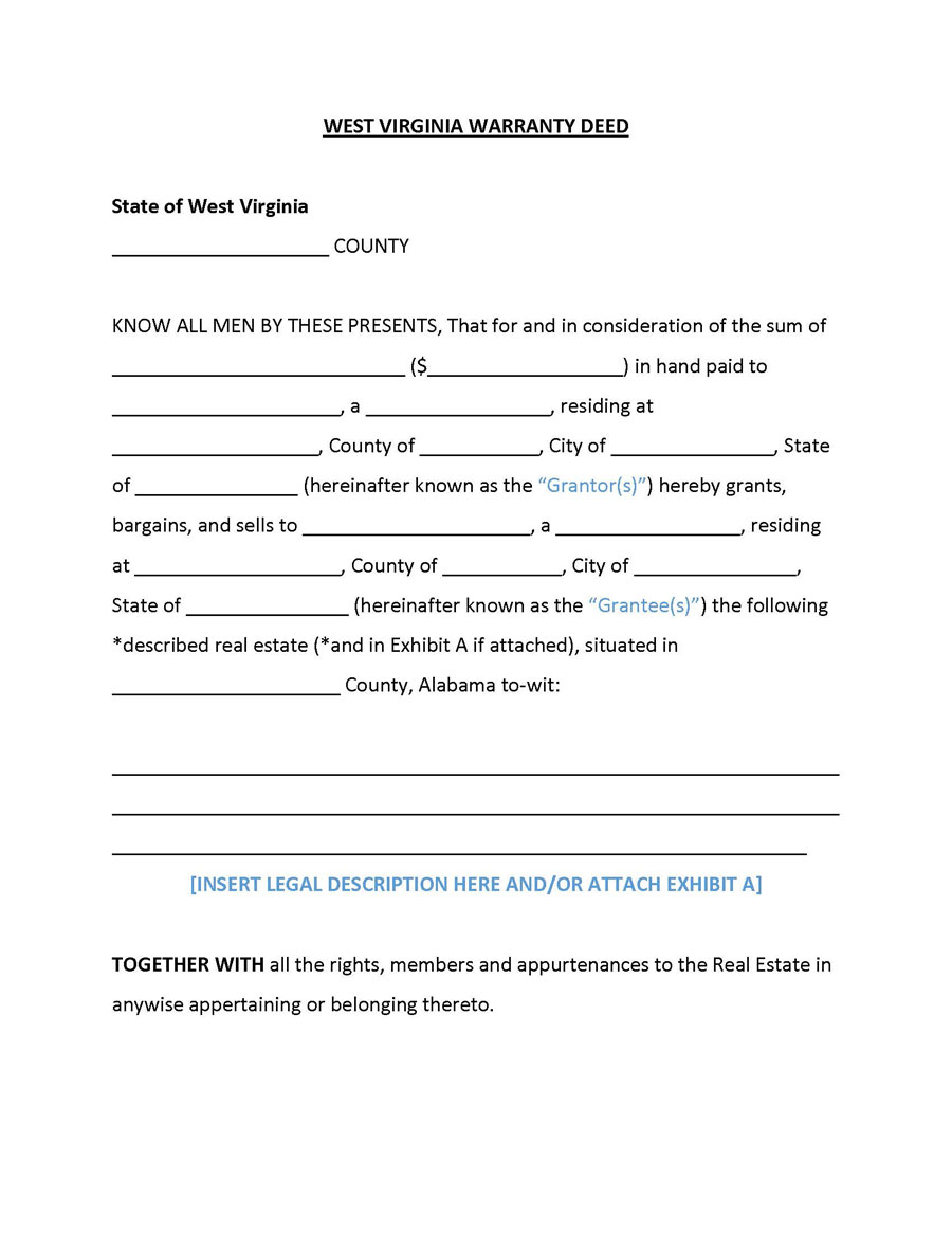 Free Printable West Virginia General Warranty Deed Form as Word File