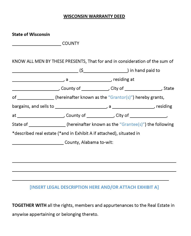 Free Printable Wisconsin General Warranty Deed Form as Word File