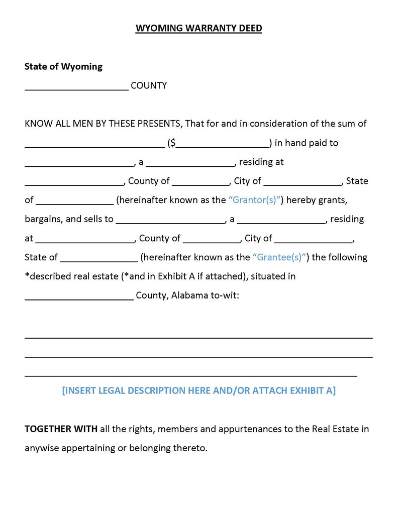 Free Printable Wyoming General Warranty Deed Form as Word File