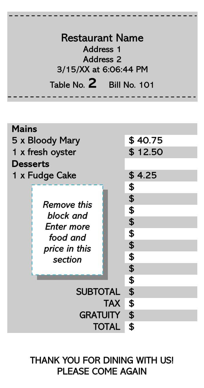 Printable Restaurant Receipt Format Template