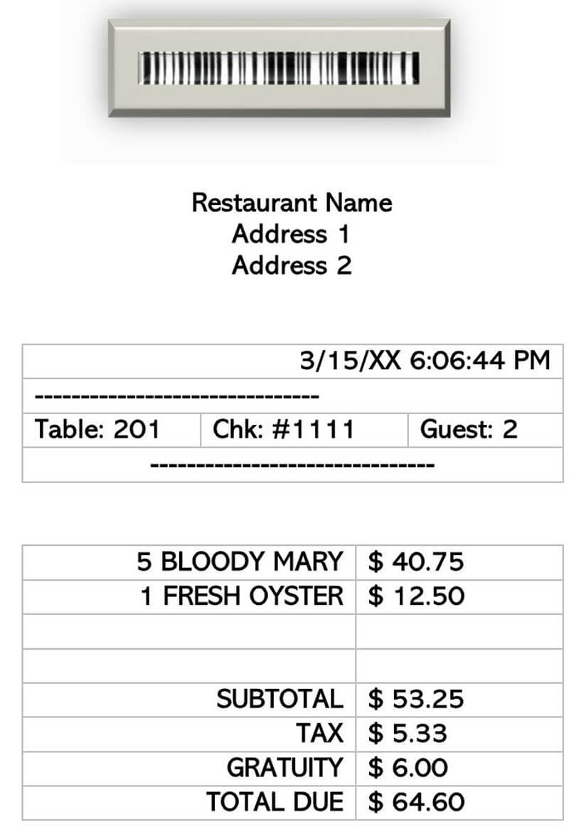 Word sample Restaurant Receipt Form