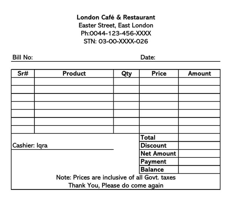 sample Restaurant Receipt Excel