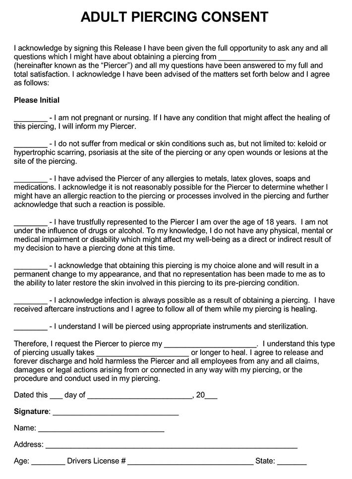 Adult Piercing Consent Form