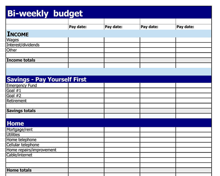 Free Bi weekly Budget Templates for Bi weekly Paychecks 