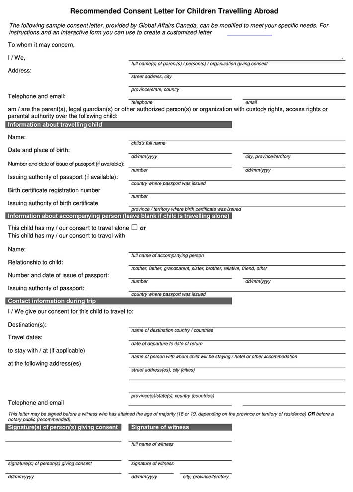 Free Children Traveling Abroad Consent Form for PDF