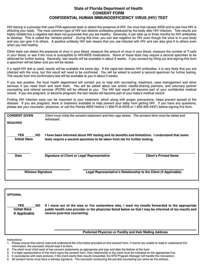 Printable Confidential HIV Test Informed Consent Template