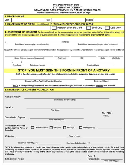 Free Passport Parental Consent Forms (Form DS-3053)