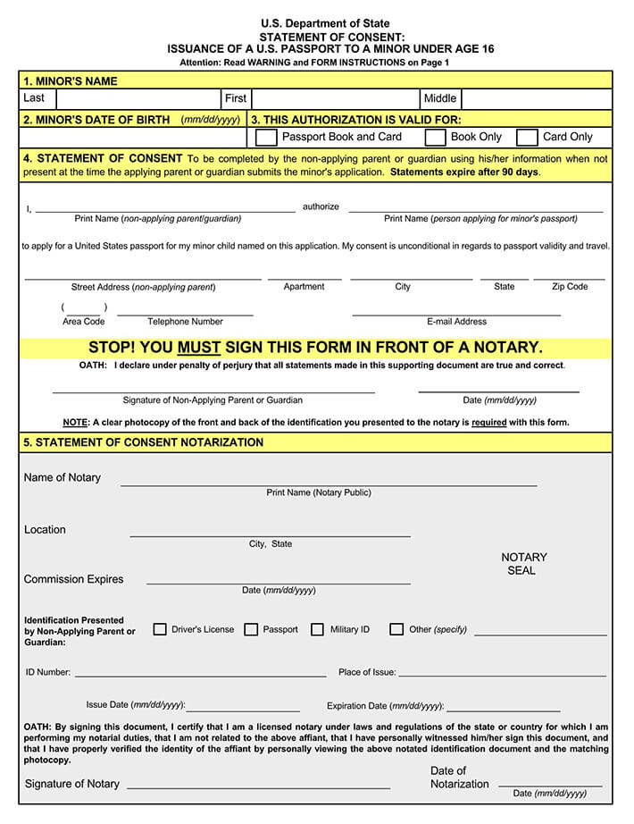 Free Template of Consent Form for US Passport to a Minor