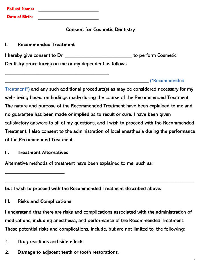 Printable Consent for Cosmetic Dentistry Sample