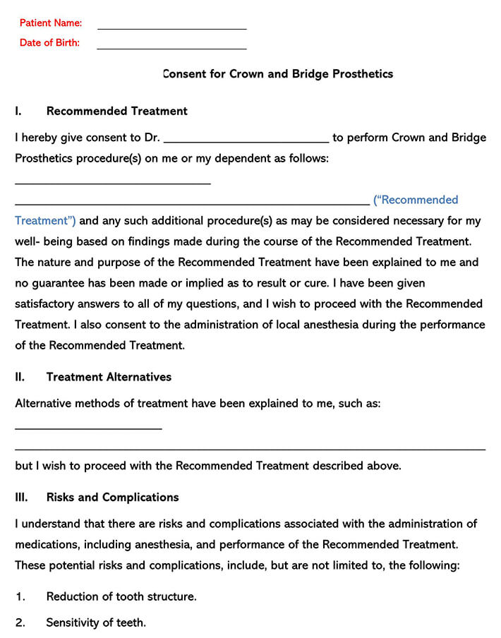 Free Consent for Crown and Bridge Prosthetics Example
