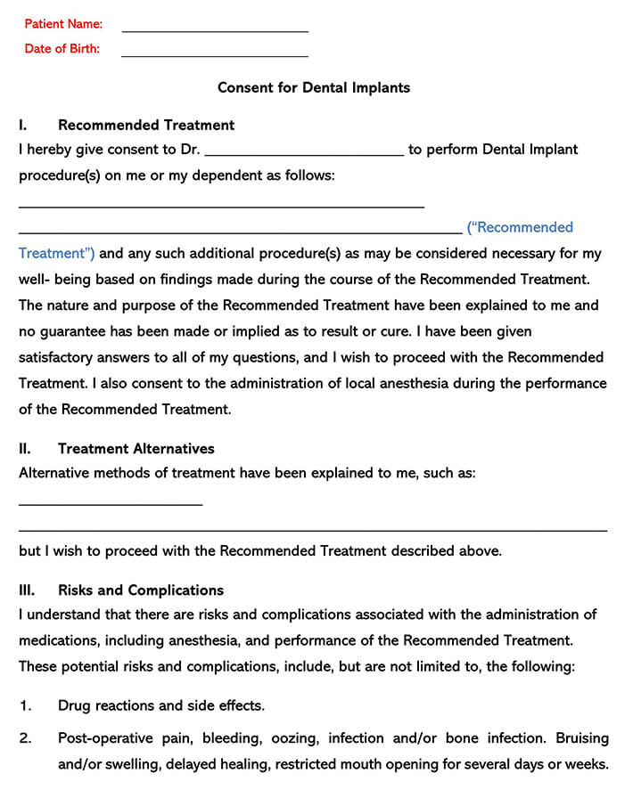 Printable Consent for Dental Implants Example
