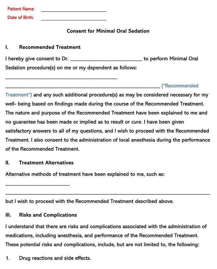 Editable Consent for Minimal Oral Sedation Sample