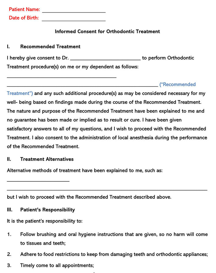 Editable Consent for Orthodontic Treatment Example