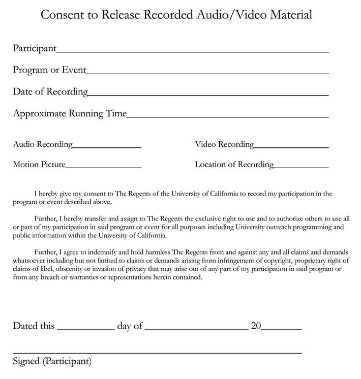 Great Comprehensive Audio or Video Material Consent to Release Form as Pdf File