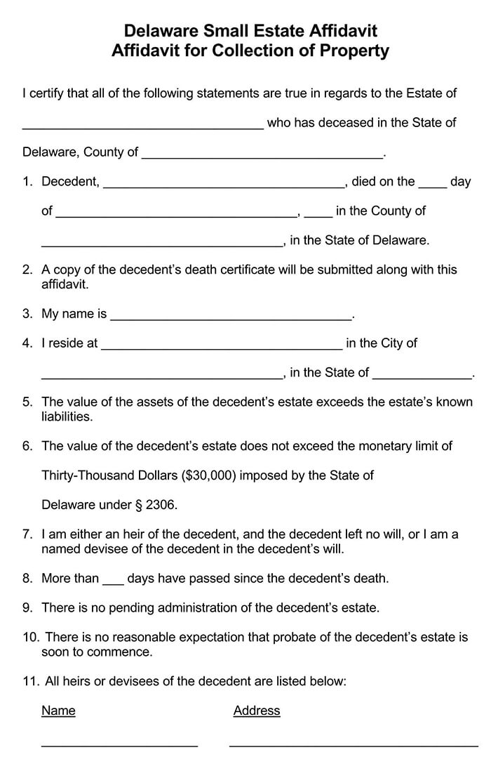 Delaware Small Estate Affidavit Form