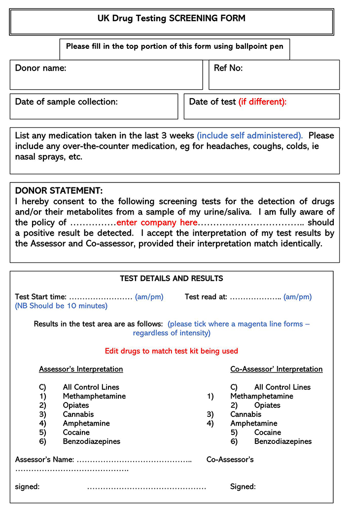 Drug Testing Screening Form