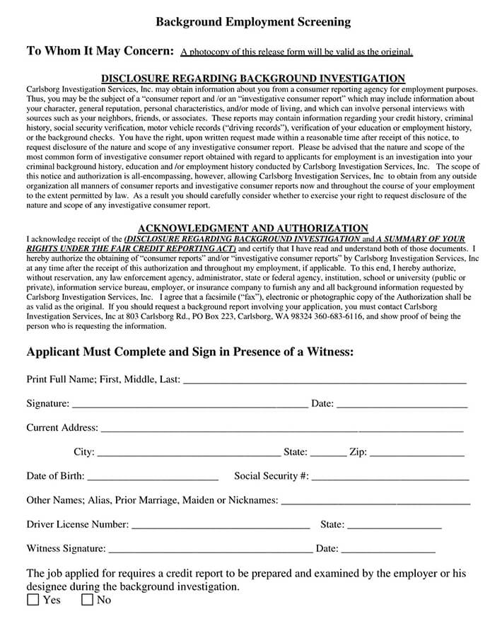 Printable Pre-Employment Background Check Authorization Form 05 for PDF