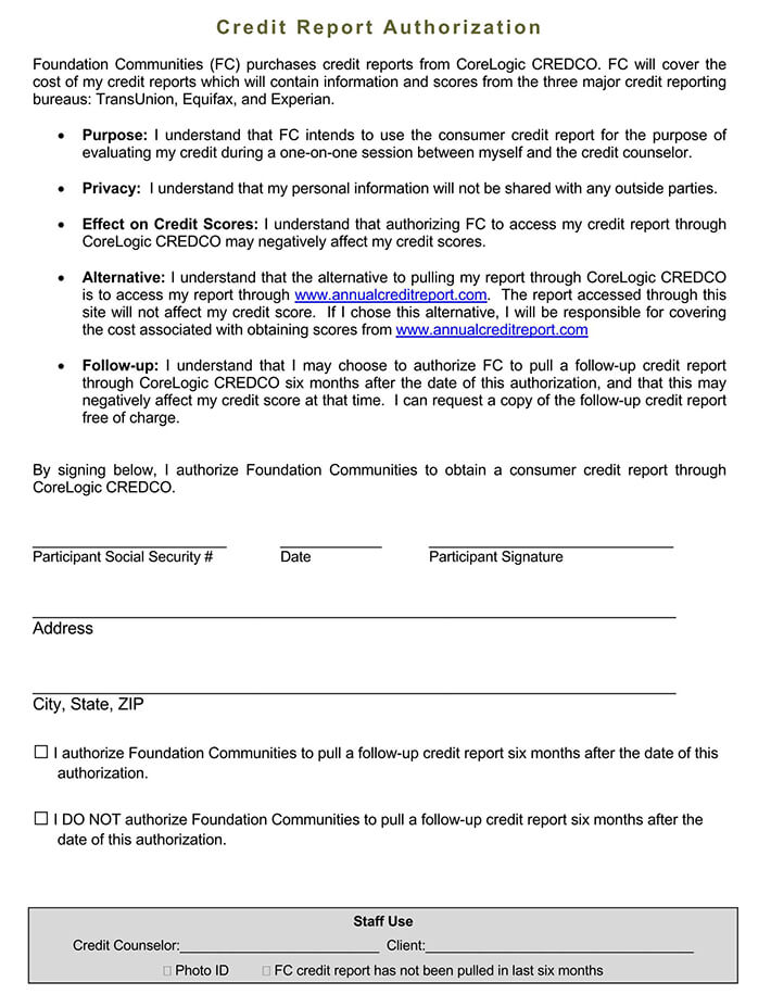 Example Consent Form for Credit Report