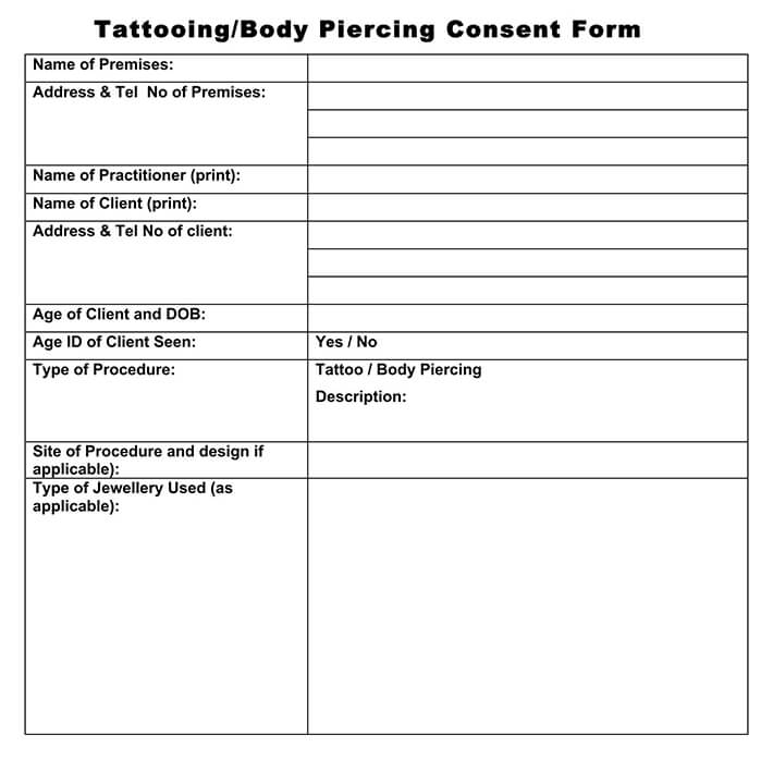 Printable Tattoo and Body Piercing Consent Form Template